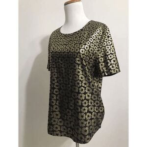 $228 EQUIPMENT FEMME Metallic Flowers RILEY TEE Top SILK True Black Gold S